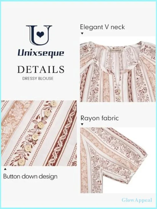 V-Neck Short Sleeve Button Down Blouse, Rayon Nylon Blend, Loose Fit Boho - Picture 4 of 5